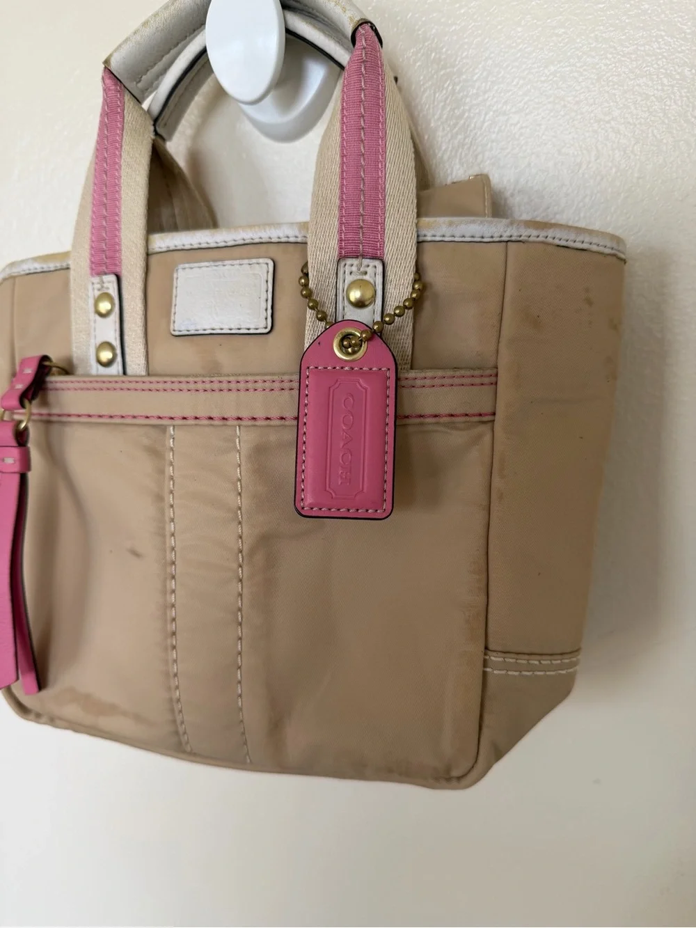 COACH MINI TOTE Brown Leather Accents - Tan & Bright Pink F10694